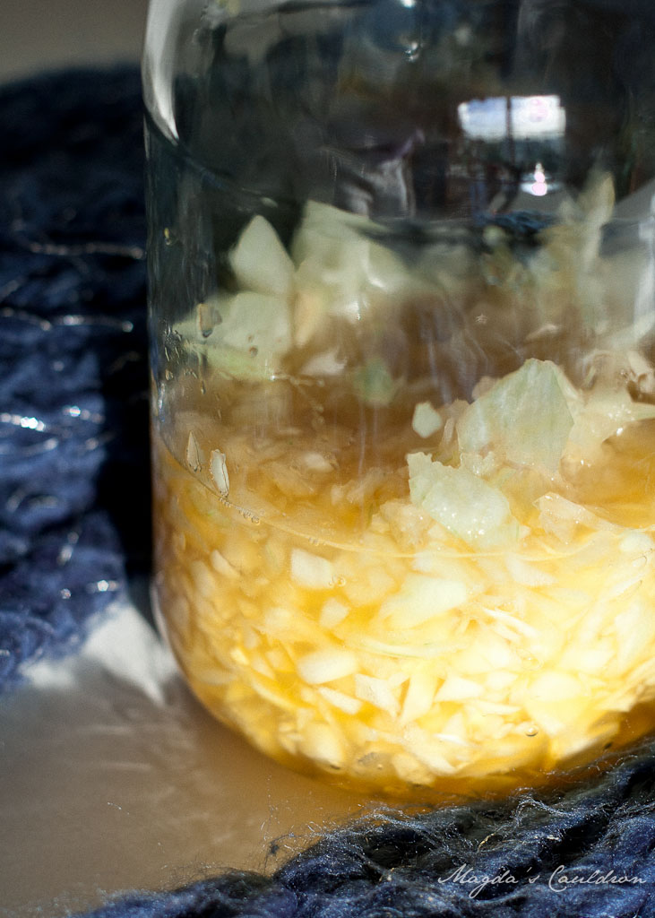 Onion syrup in making. A jar filled with chopped onions submerged in a golden syrup, sitting on a textured blue surface.