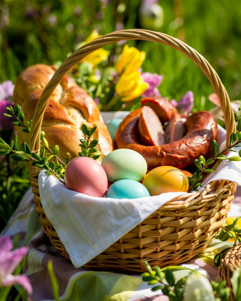 A wicker basket filled with colorful Easter eggs, Polish sausage, and braided bread, surrounded by greenery and flowers.